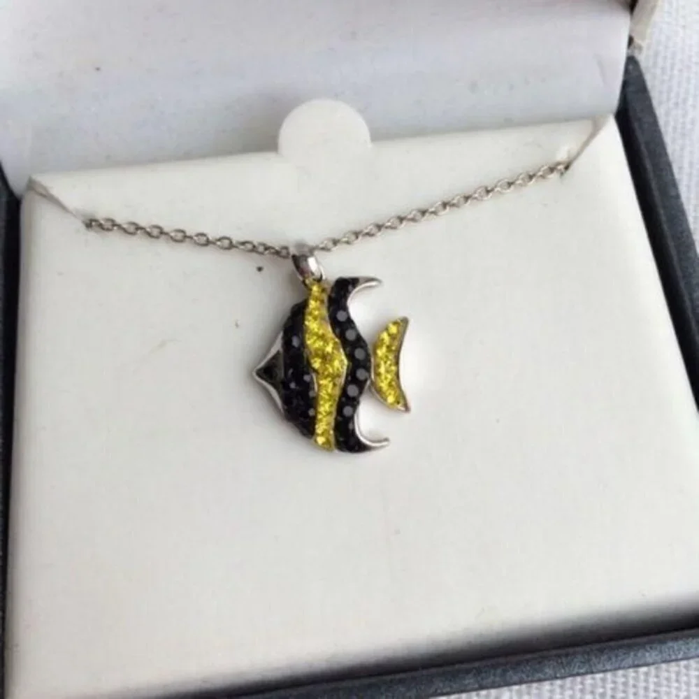 NEW Black & Yellow CZ Crystal Fish Necklace - Picture 5 of 6